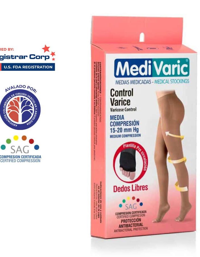 Empaque de medias Medivaric Control Varice con presentación de dedos libres 15-20 mmHg
