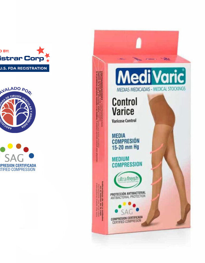 Empaque de Media a la Cadera Punta Cerrada Opaca 15-20mmHg y certificaciones FDA y SAG.