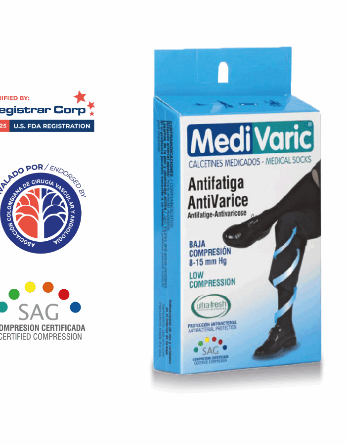 Caja del producto Medivaric AntiVarice junto a modelo con calcetines negros de compresión 8-15 mmHg