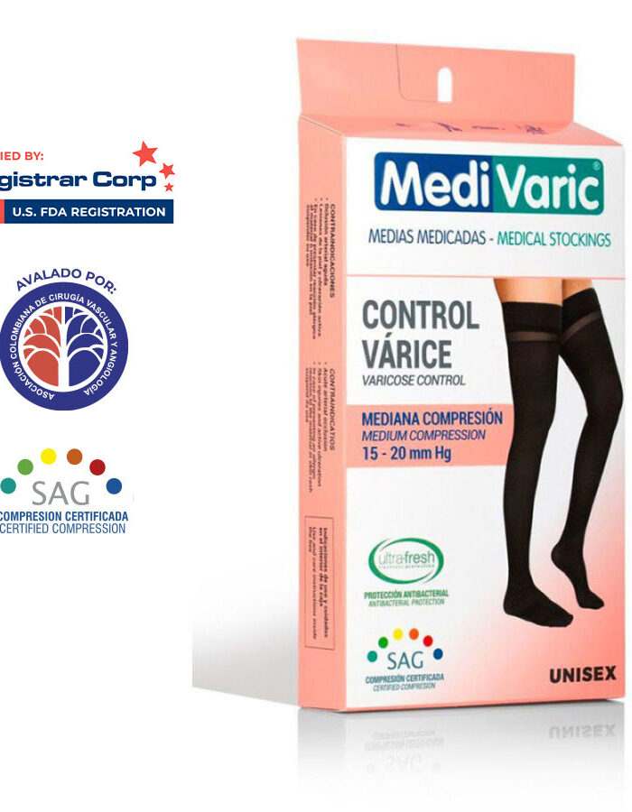 Empaque de Medias de Compresión Mediana al muslo Medivaric 15-20mmHg, control de várices en presentación opaca